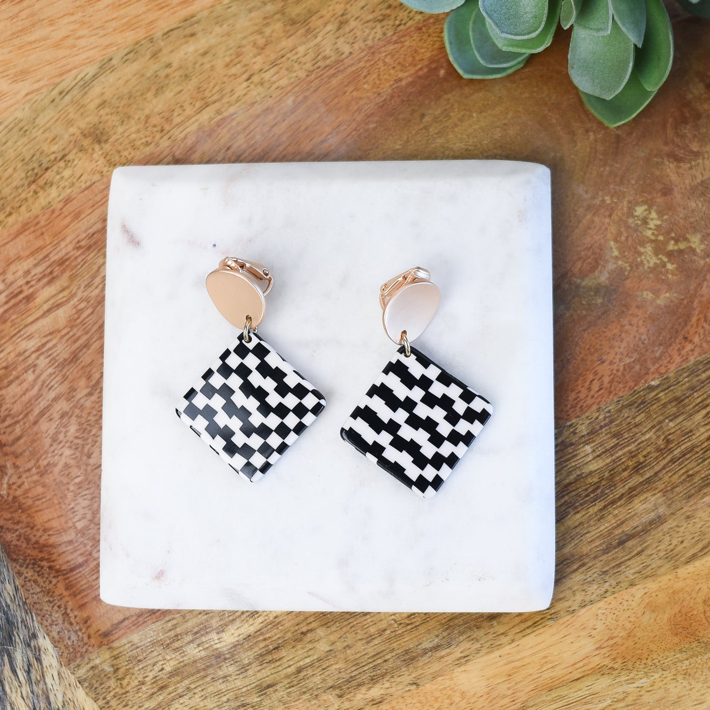 Becca Black and White Check Clip-On Dangle Earrings