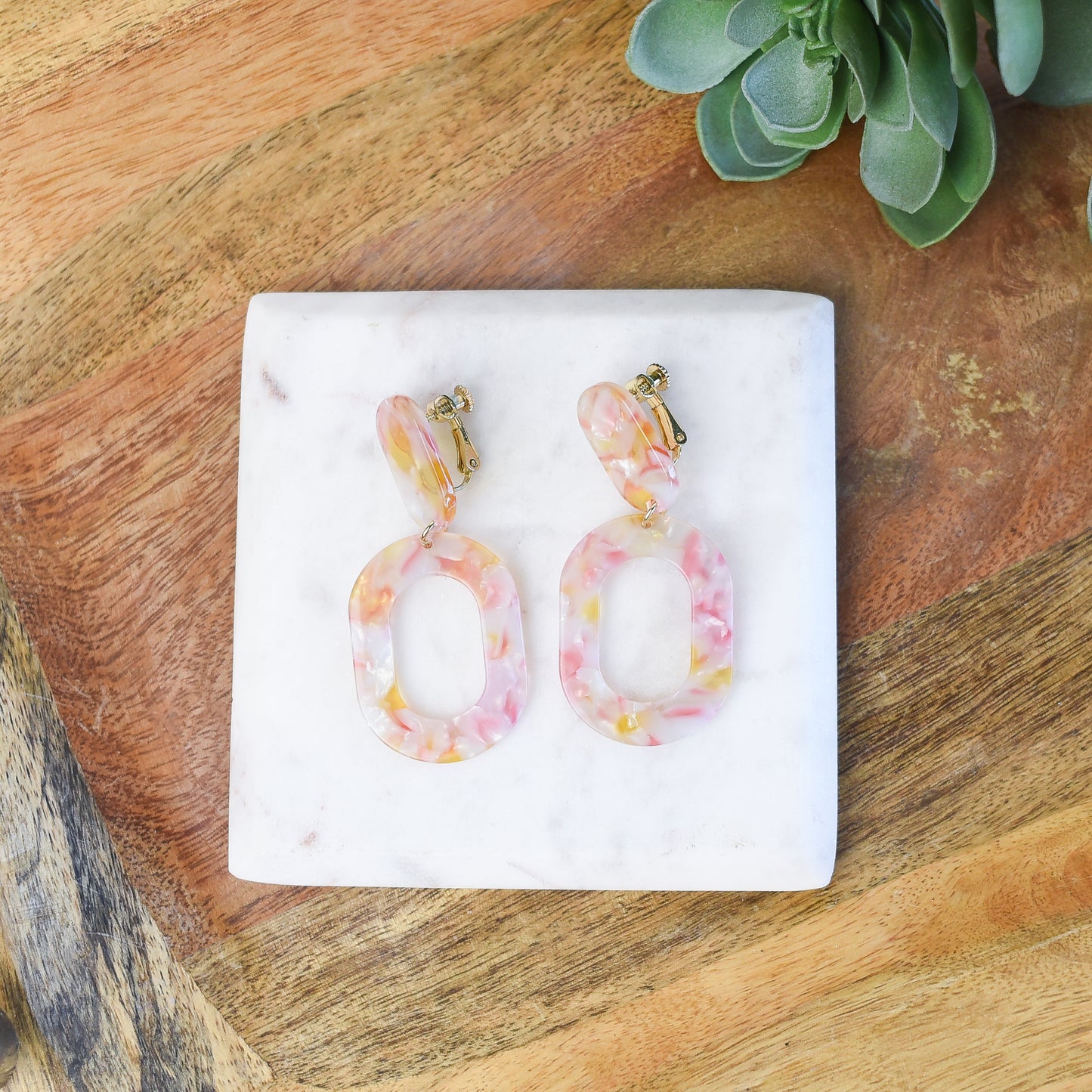 Zara Pink Marble Clip-On Dangle Earrings