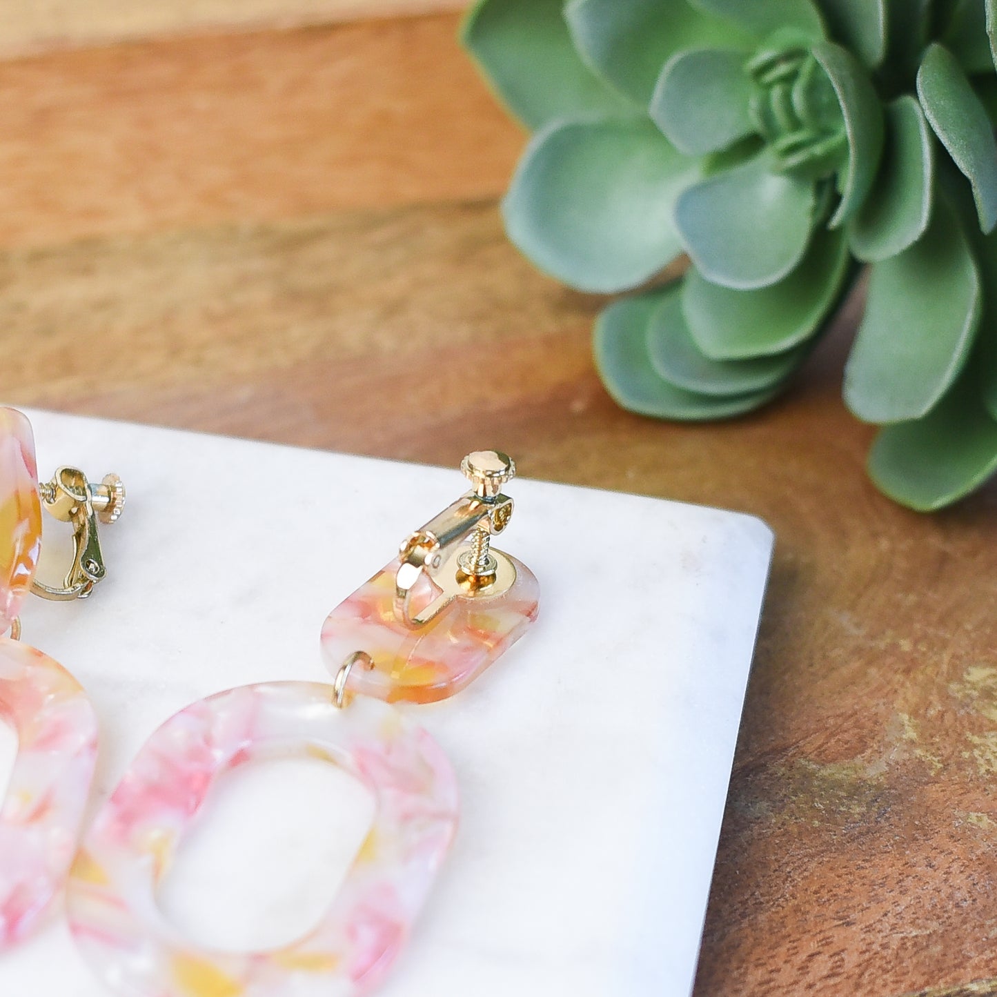 Zara Pink Marble Clip-On Dangle Earrings