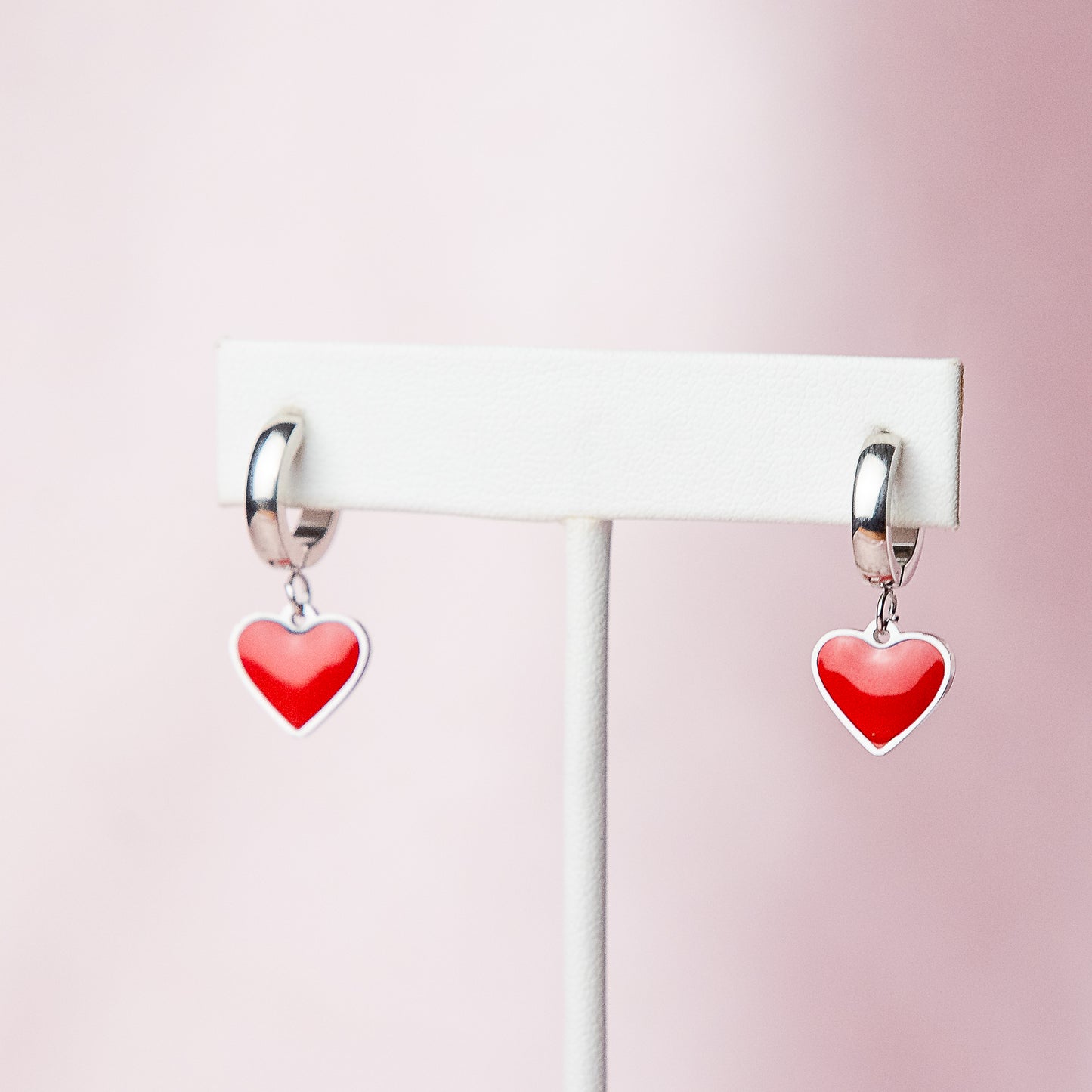 Red Heart Dangle Huggie Earrings in Silver
