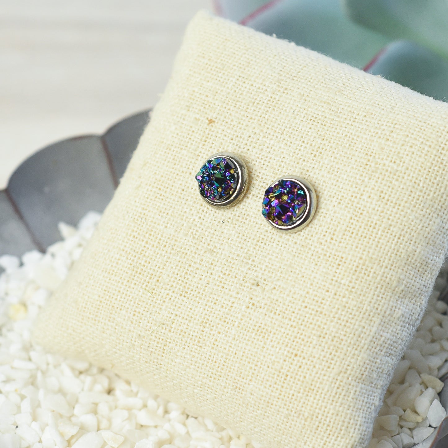 Raw Cut Shimmer Druzy Stud Earrings in Silver Settings