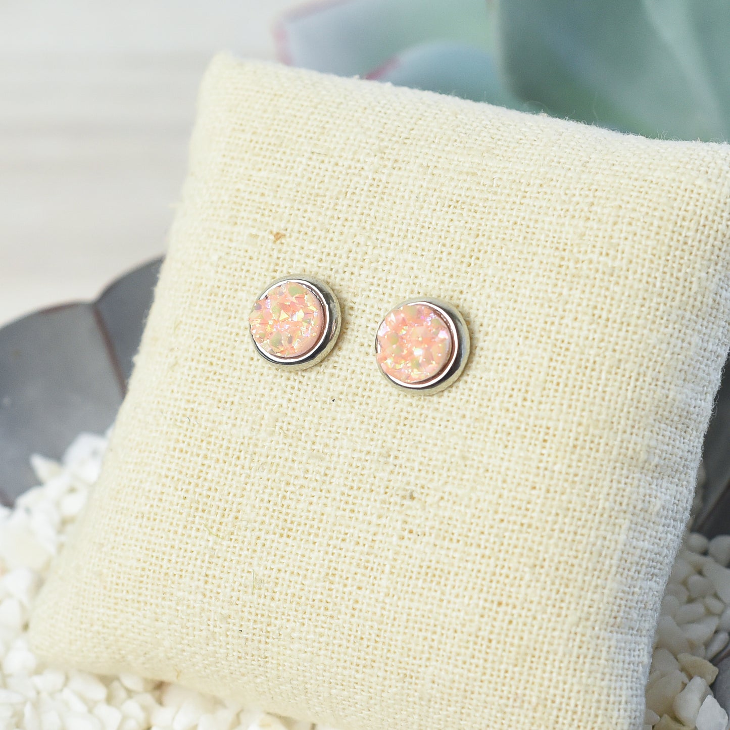 Raw Cut Shimmer Druzy Stud Earrings in Silver Settings