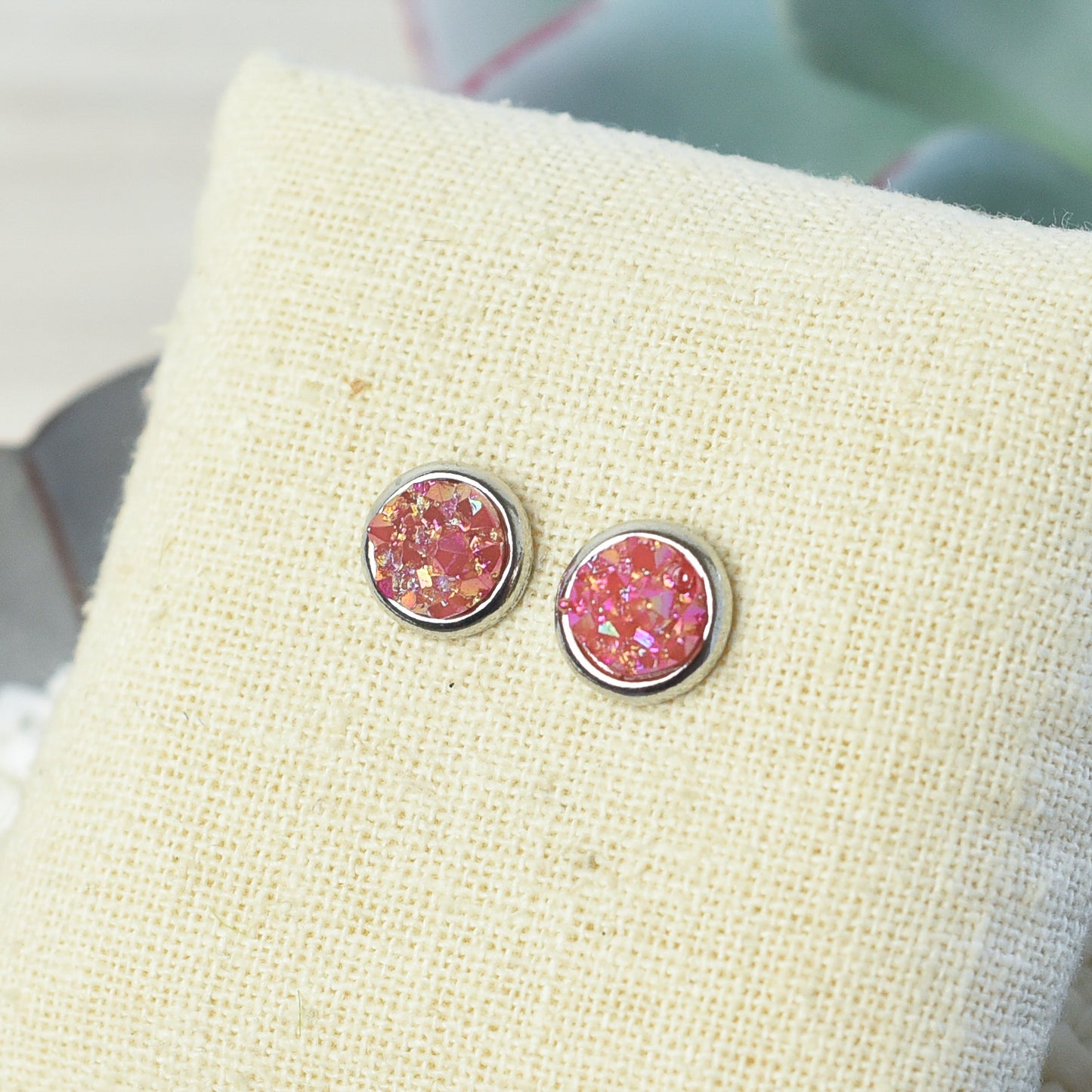 Raw Cut Shimmer Druzy Stud Earrings in Silver Settings