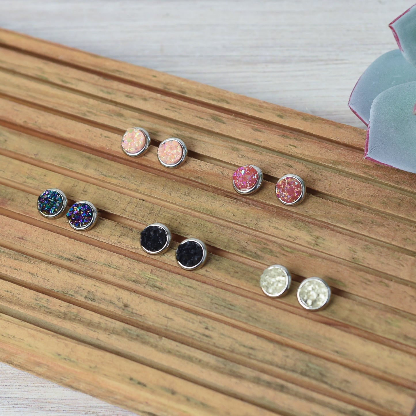 Raw Cut Shimmer Druzy Stud Earrings in Silver Settings
