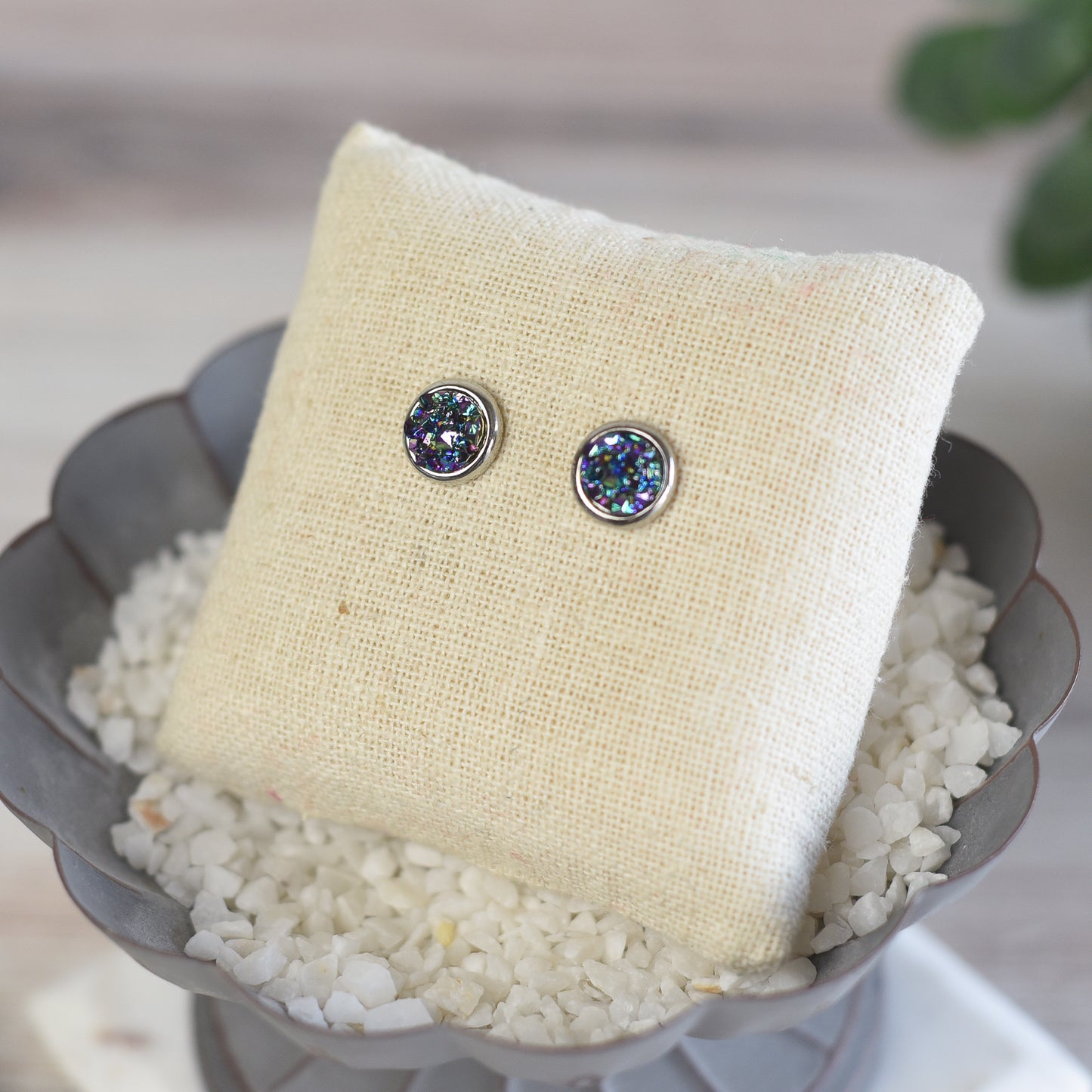 Raw Cut Shimmer Druzy Stud Earrings in Silver Settings