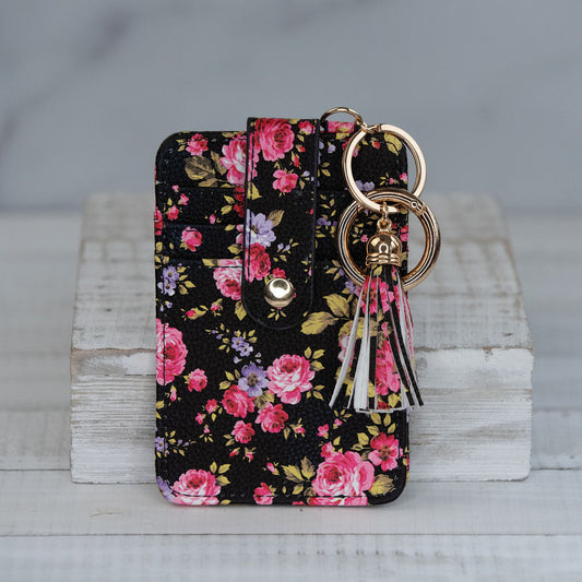Candace Keychain Card Wallet-Black and Pink Floral