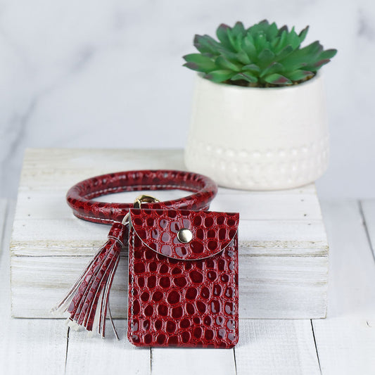 Ashley Hands Free Bangle Keychain with Card Pouch-Red Patent Croc