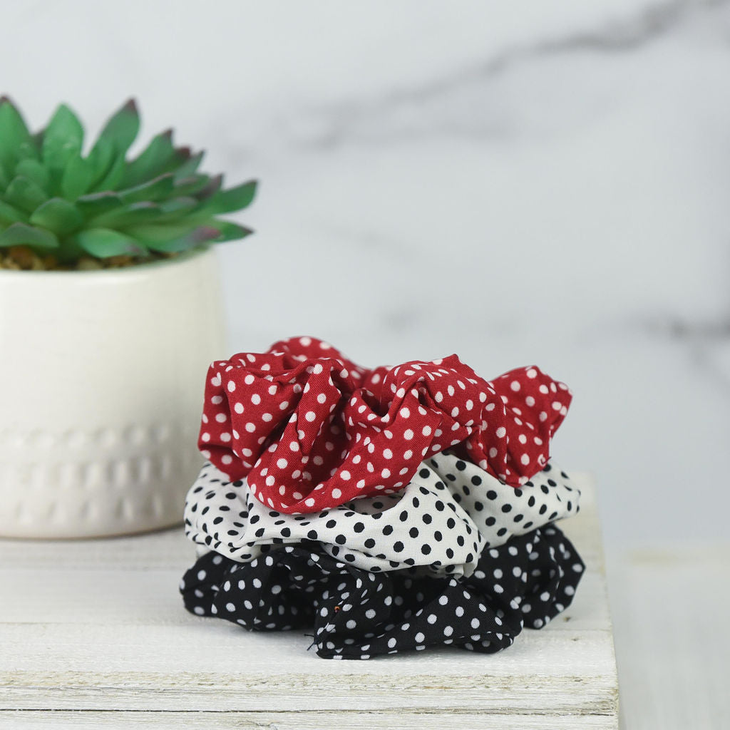 Hair Scrunch Set in Pin Dot (Red, Black and White)