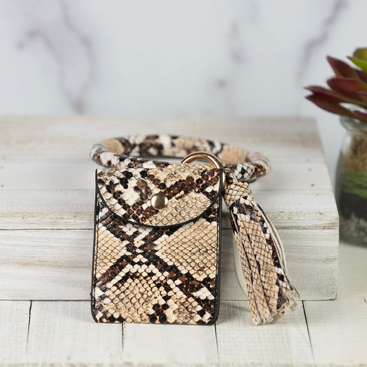 Ashley Hands Free Bangle Keychain with Card Pouch-Mocha Snake