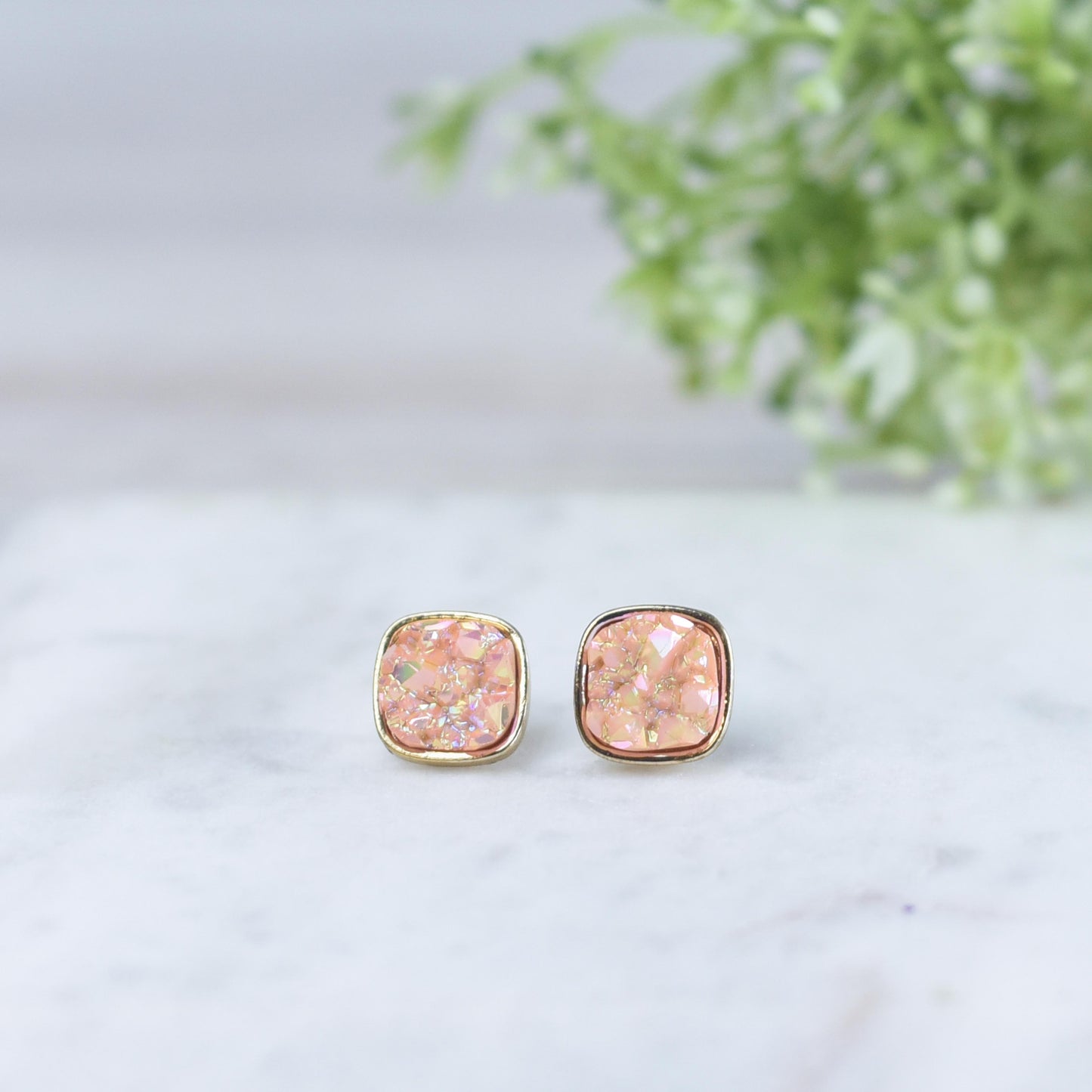 Raw Square Cut Shimmer Druzy Stud Earrings