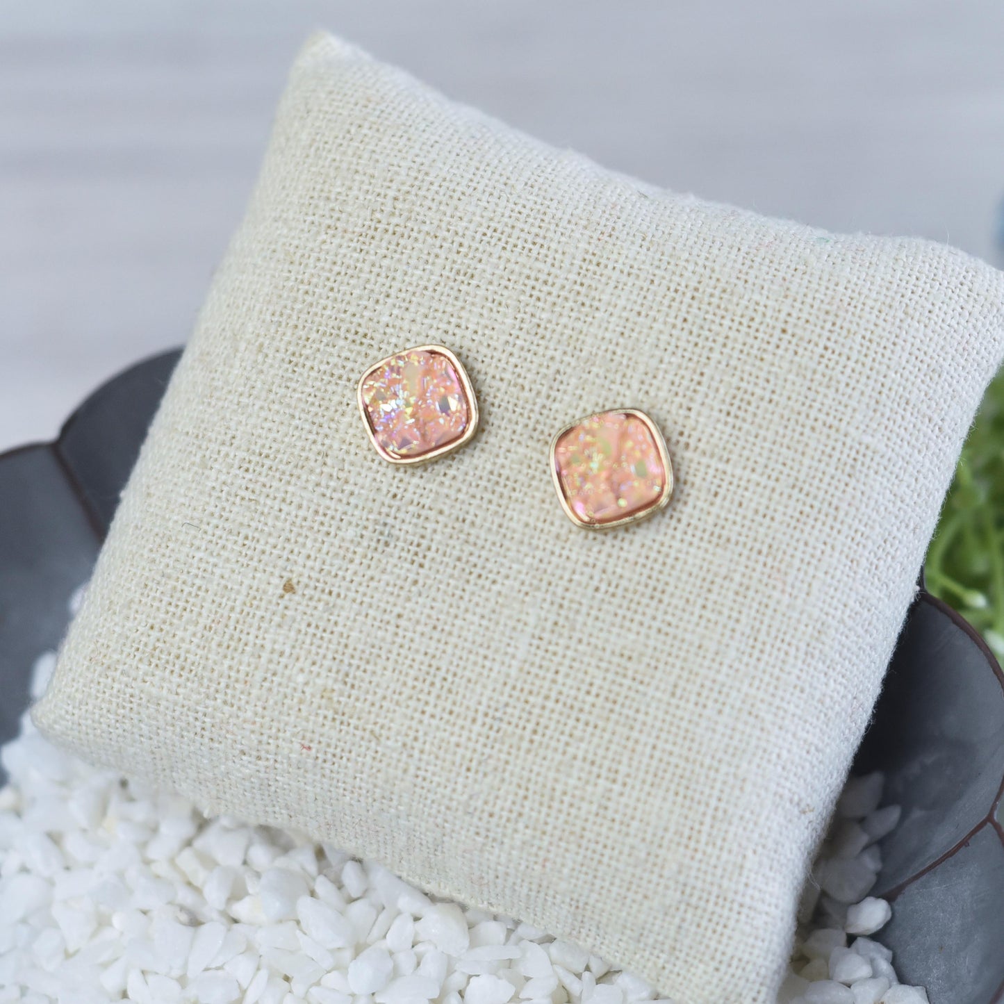 Raw Square Cut Shimmer Druzy Stud Earrings
