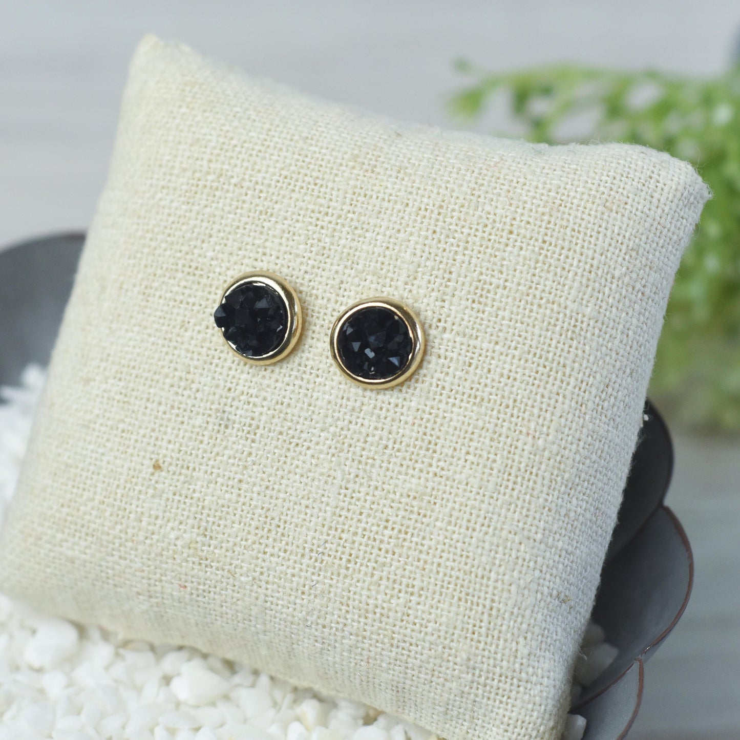 Raw Cut Shimmer Druzy Stud Earrings in Gold Settings