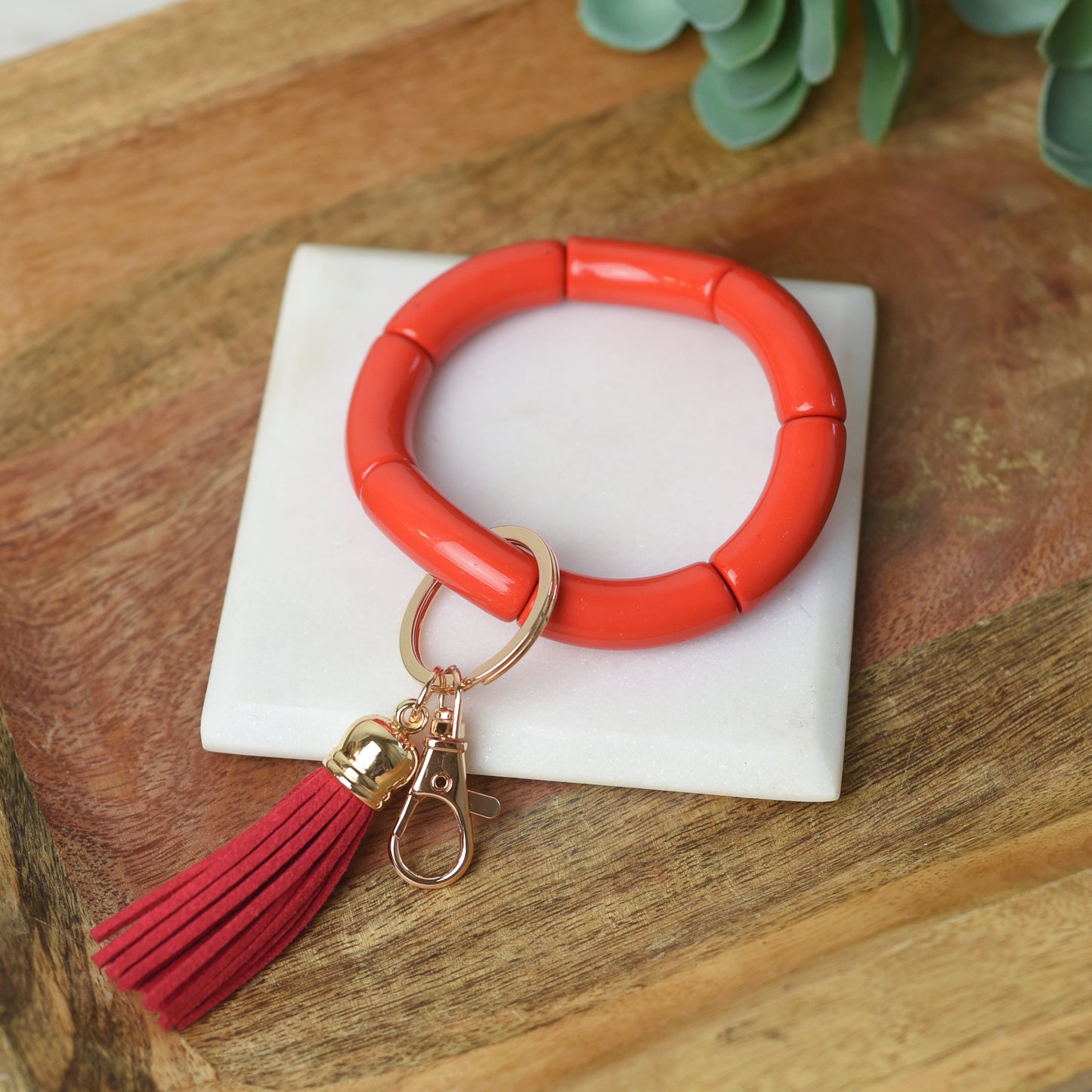 Katie Tube Bead Stretch Bracelet with Tassel and Keychain
