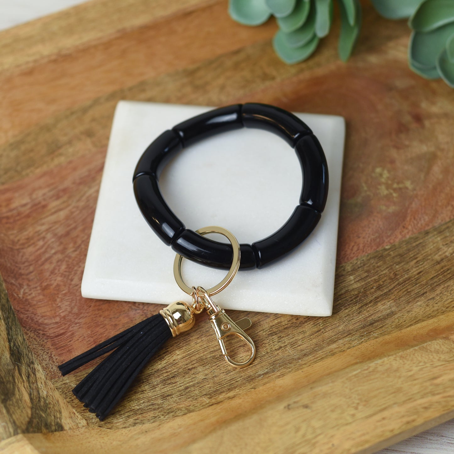 Katie Tube Bead Stretch Bracelet with Tassel and Keychain