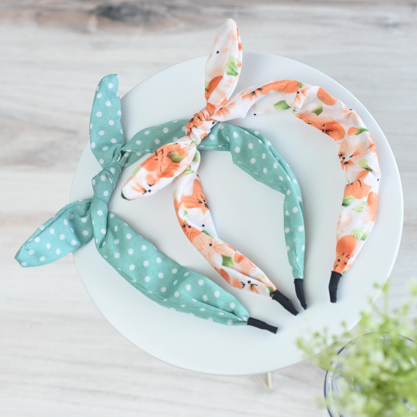 Rabbit Ear Headbands: Set of 2-Aqua Dot/Peach Floral