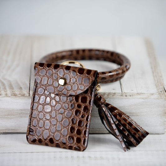 Ashley Hands Free Bangle Keychain with Card Pouch-Chocolate Patent Croc