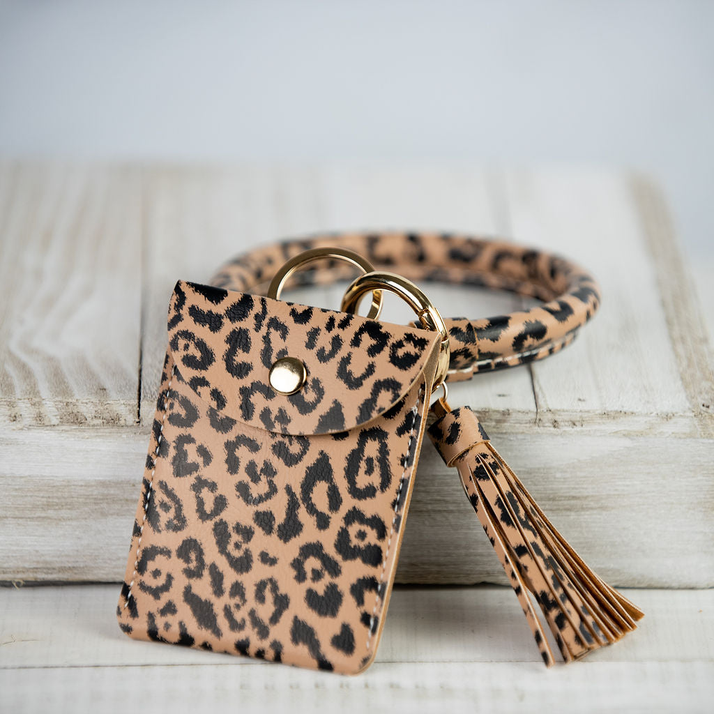 Ashley Hands Free Bangle Keychain with Card Pouch--Brown Leopard