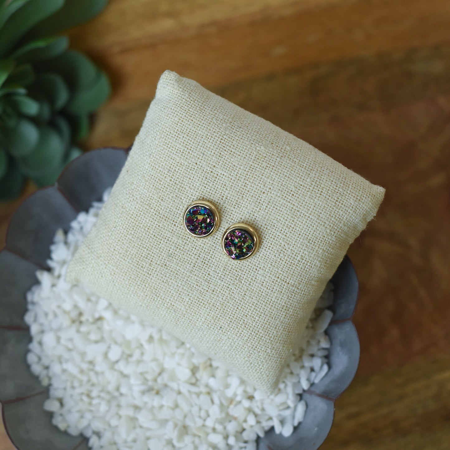Raw Cut Shimmer Druzy Stud Earrings in Gold Settings