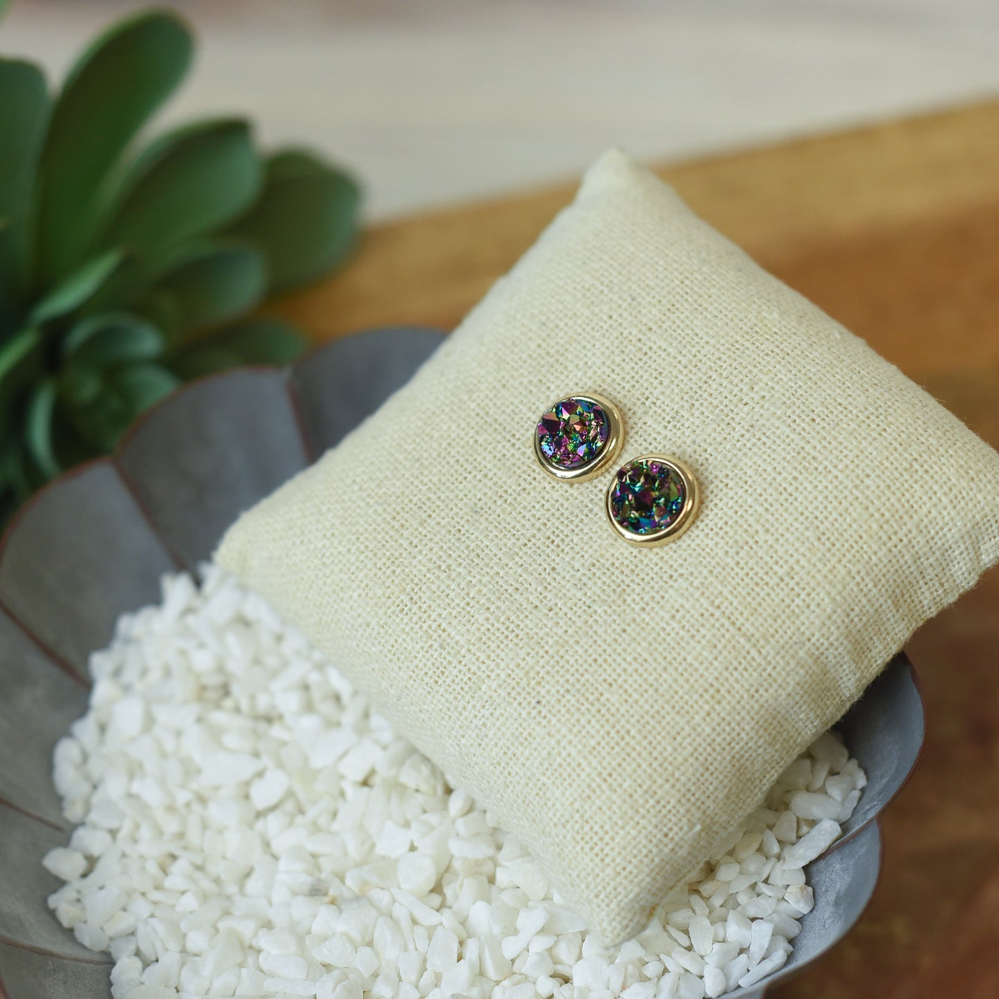 Raw Cut Shimmer Druzy Stud Earrings in Gold Settings