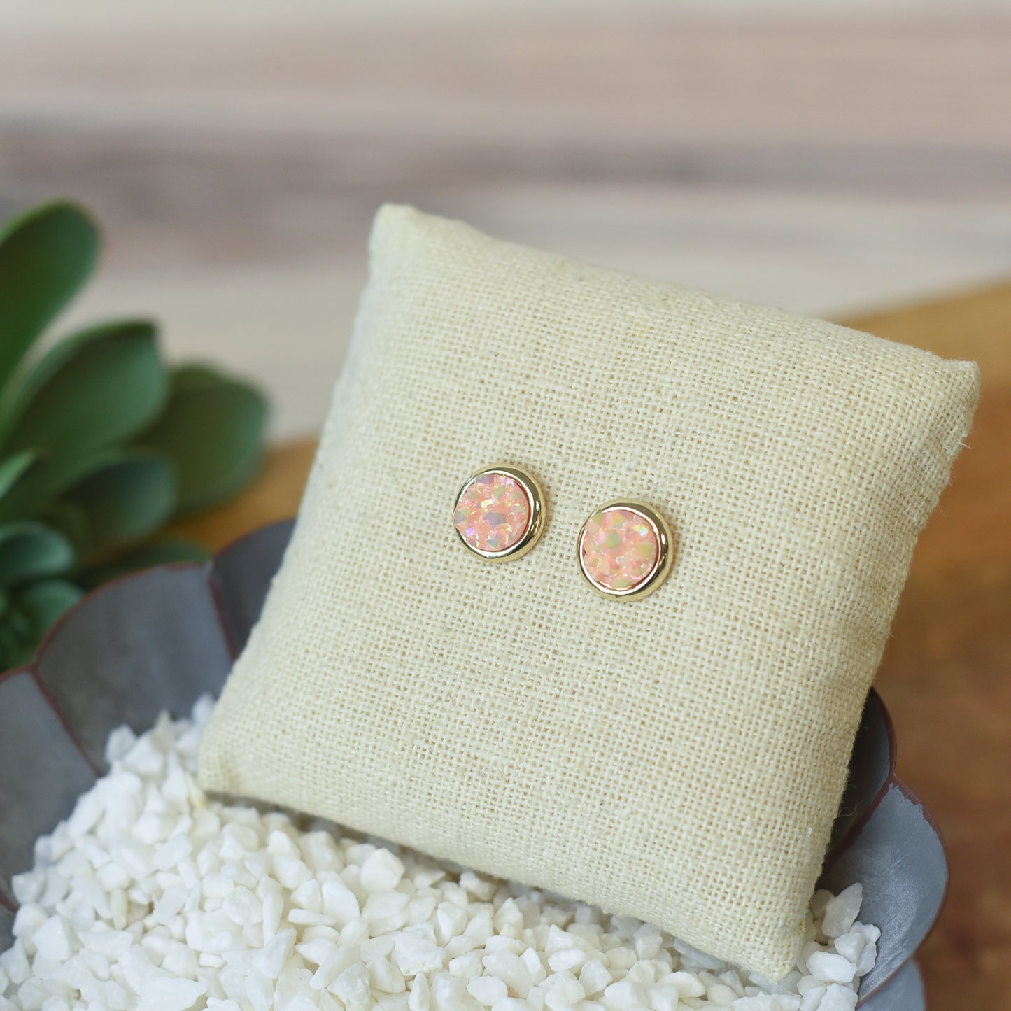 Raw Cut Shimmer Druzy Stud Earrings in Gold Settings