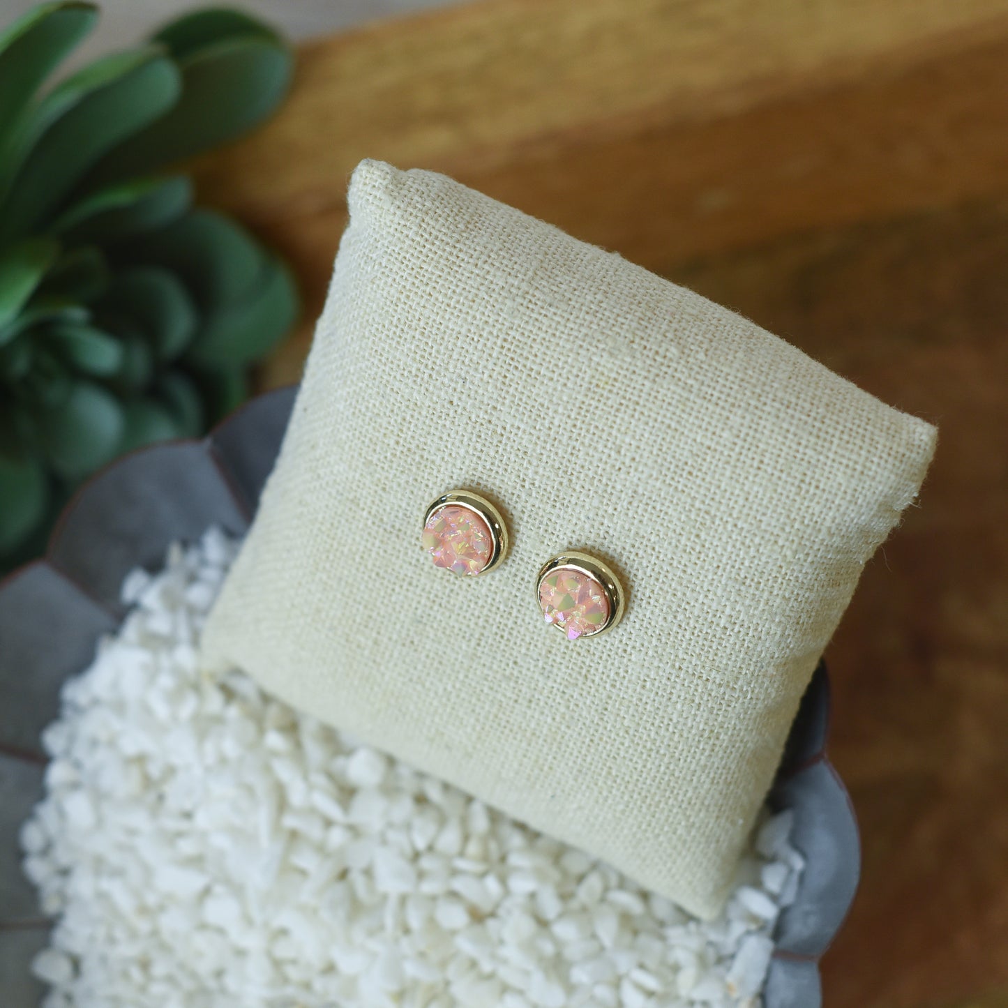 Raw Cut Shimmer Druzy Stud Earrings in Gold Settings