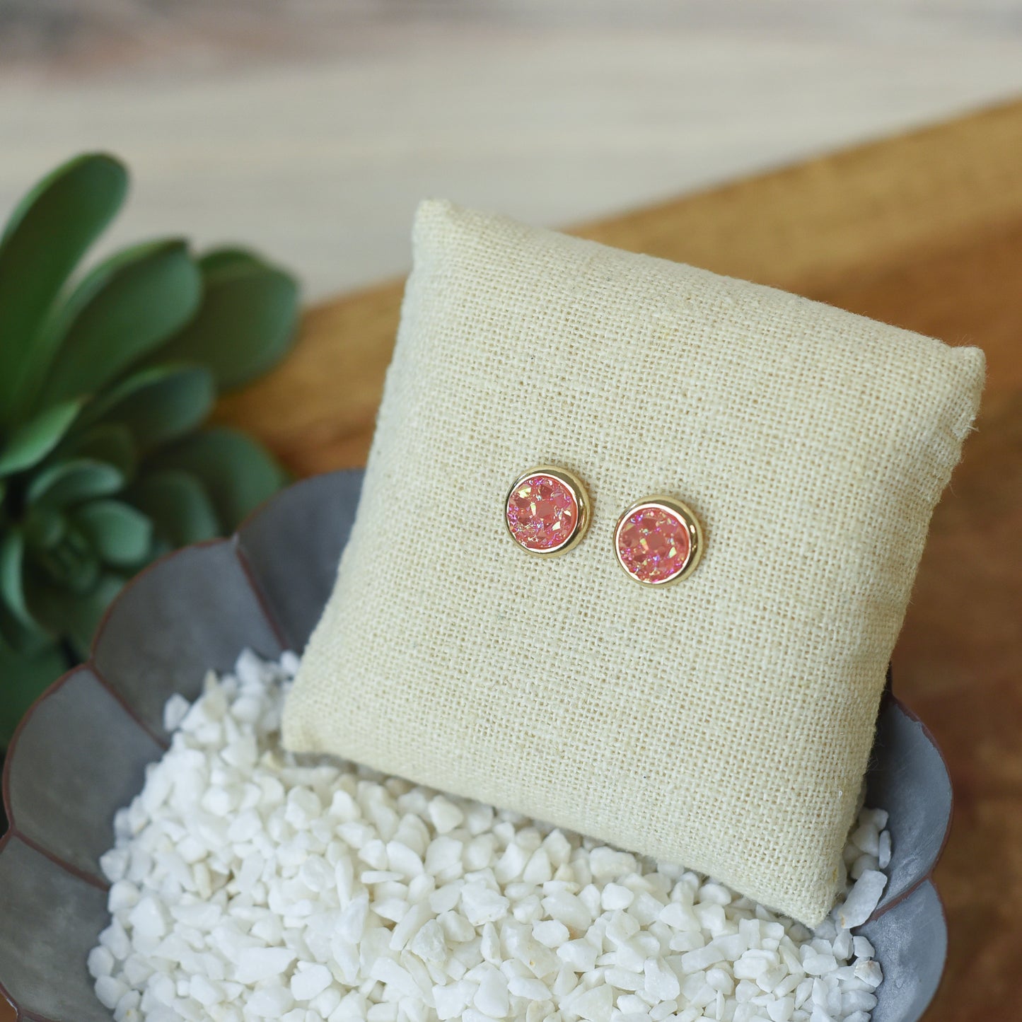 Raw Cut Shimmer Druzy Stud Earrings in Gold Settings