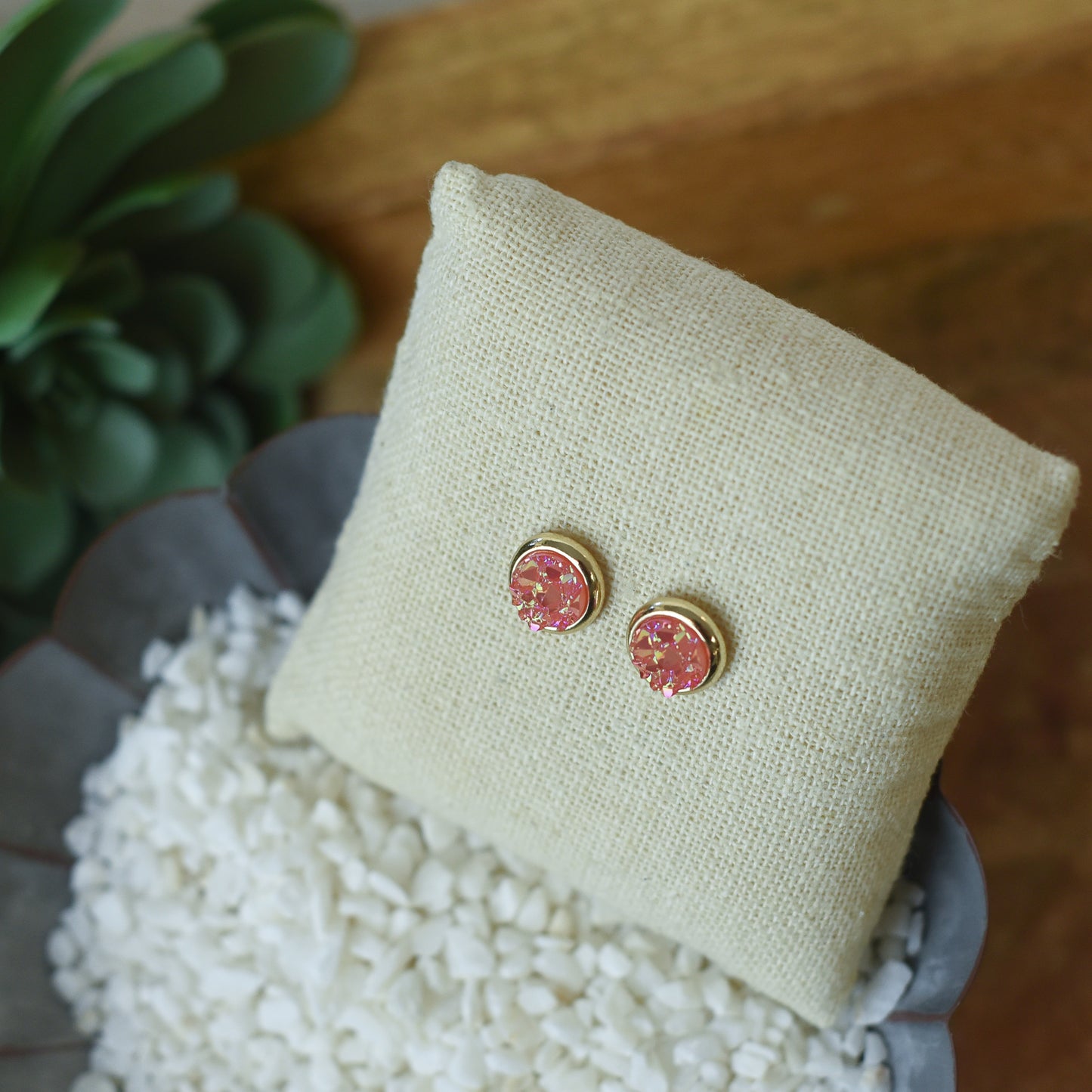 Raw Cut Shimmer Druzy Stud Earrings in Gold Settings