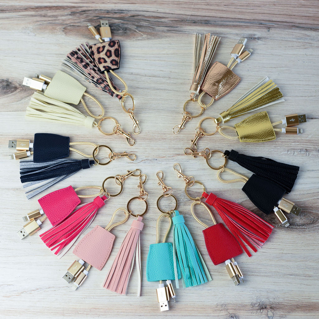 Tory Tassel Keychain with Phone Charging Cable-Gold