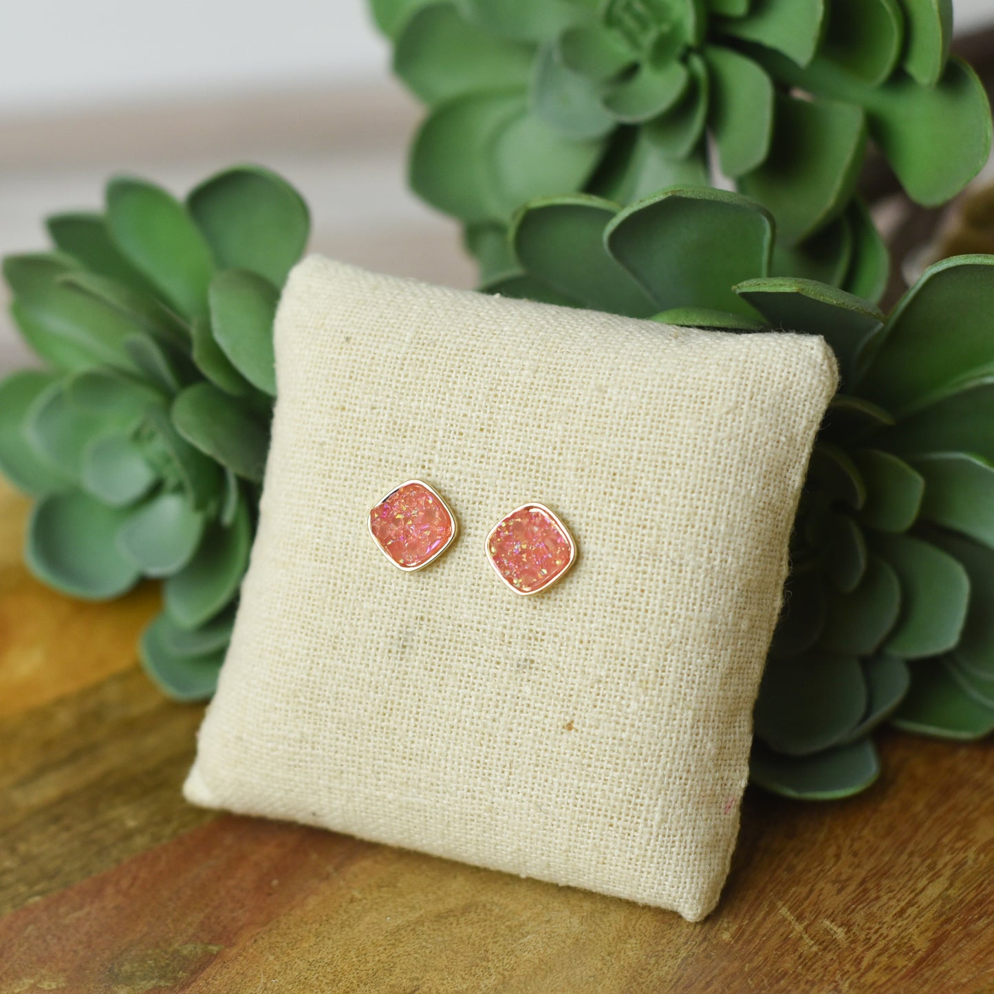 Raw Square Cut Shimmer Druzy Stud Earrings