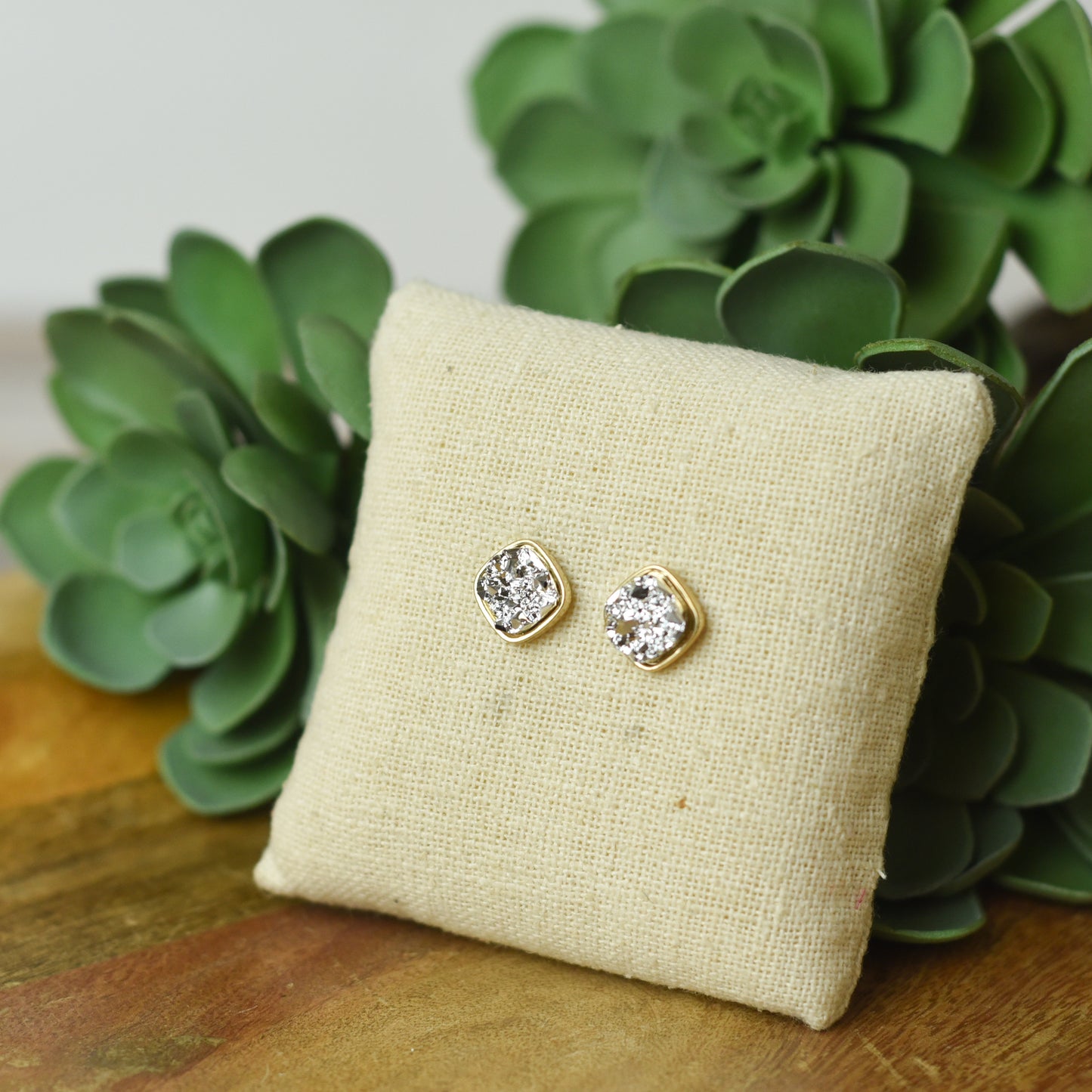 Raw Square Cut Shimmer Druzy Stud Earrings
