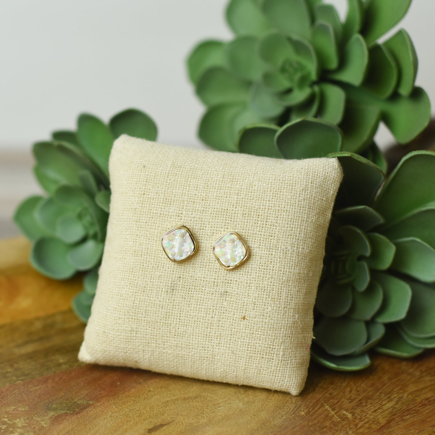 Raw Square Cut Shimmer Druzy Stud Earrings