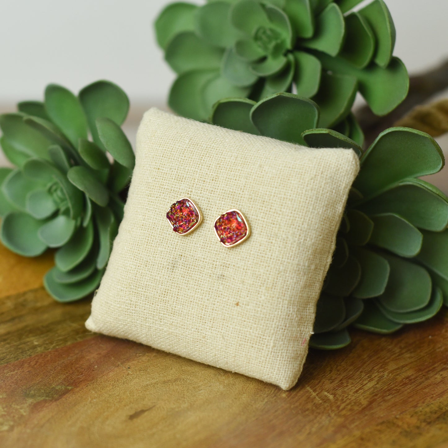 Raw Square Cut Shimmer Druzy Stud Earrings