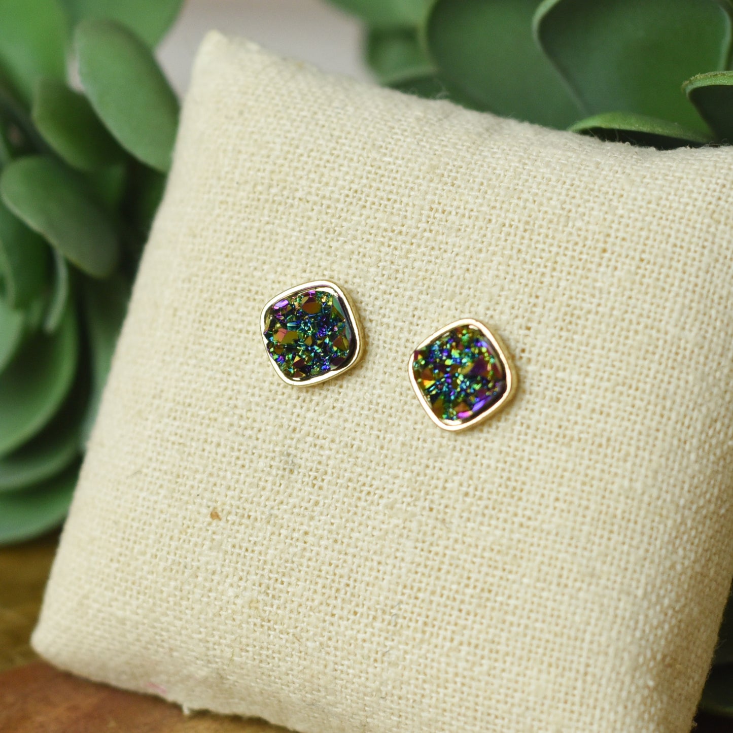 Raw Square Cut Shimmer Druzy Stud Earrings