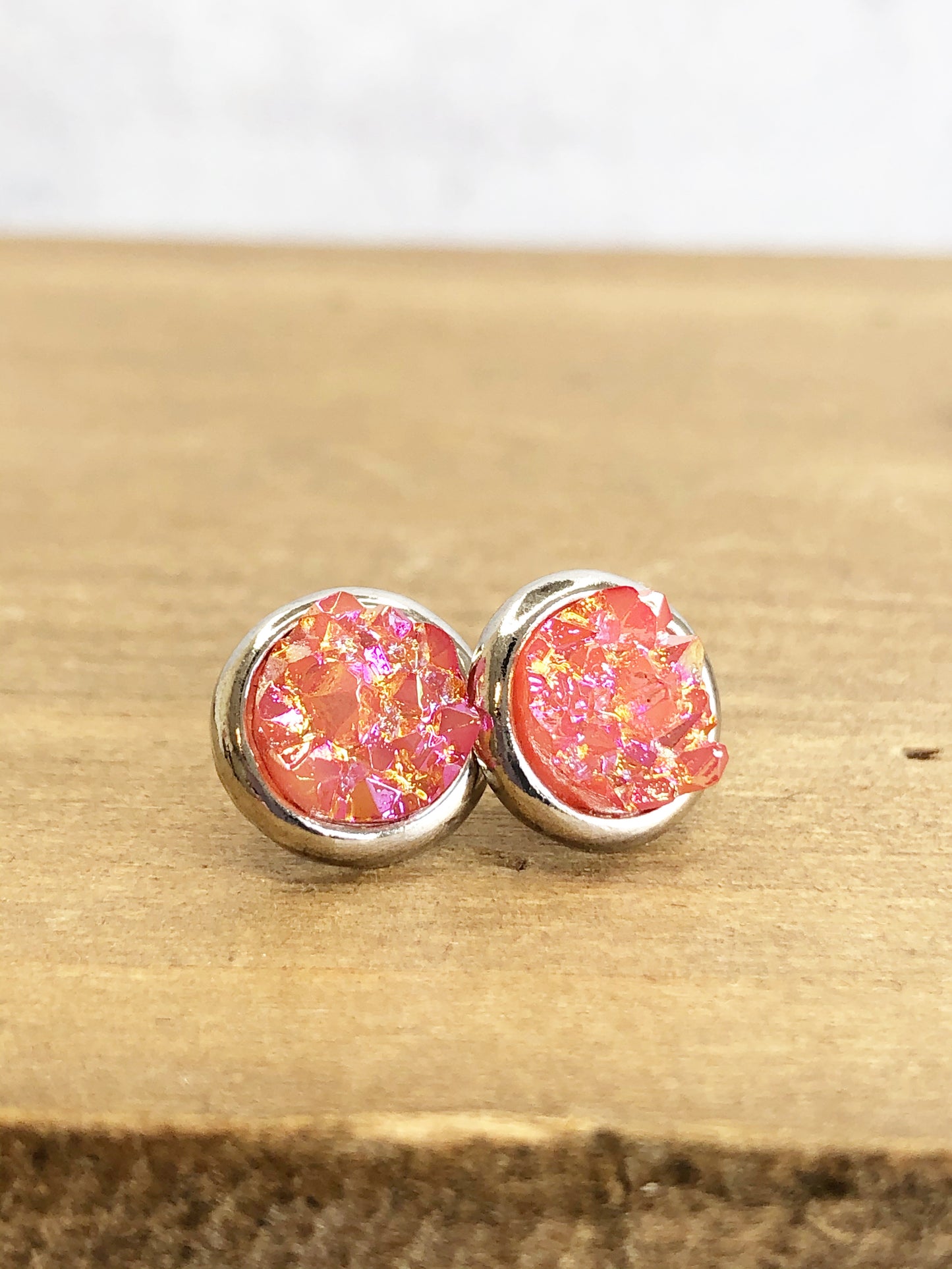 Raw Cut Shimmer Druzy Stud Earrings in Silver Settings