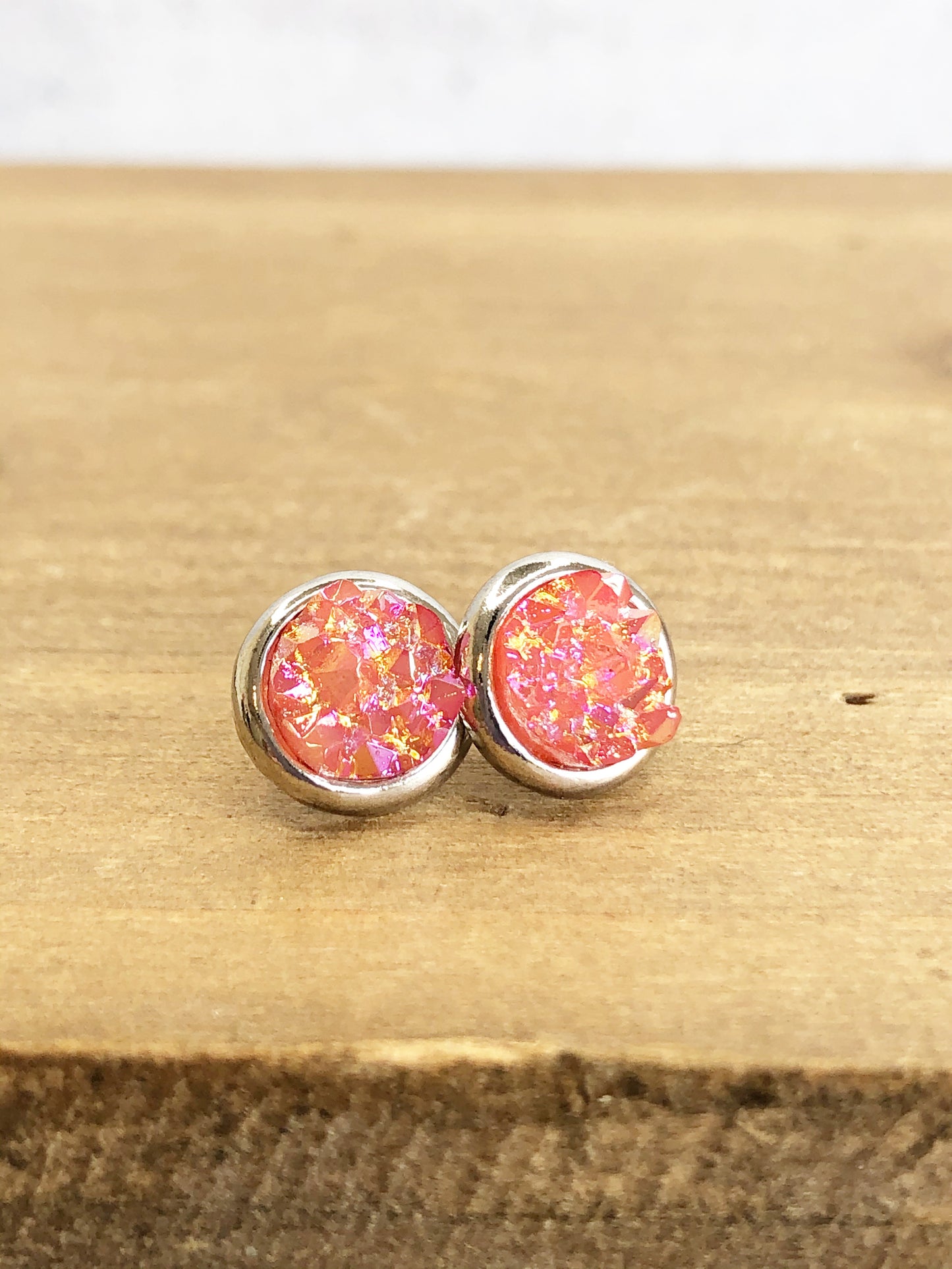 Raw Cut Shimmer Druzy Stud Earrings in Silver Settings