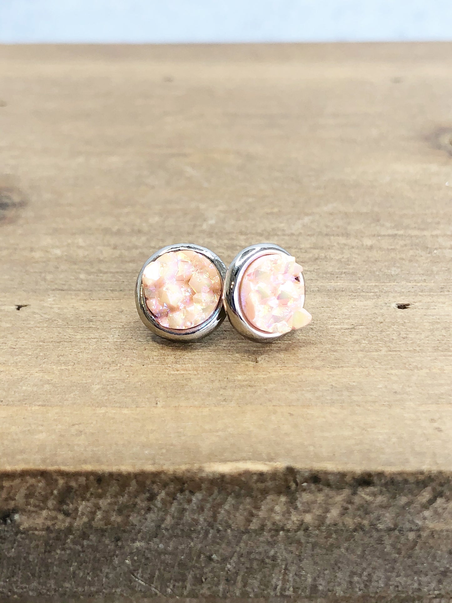 Raw Cut Shimmer Druzy Stud Earrings in Silver Settings