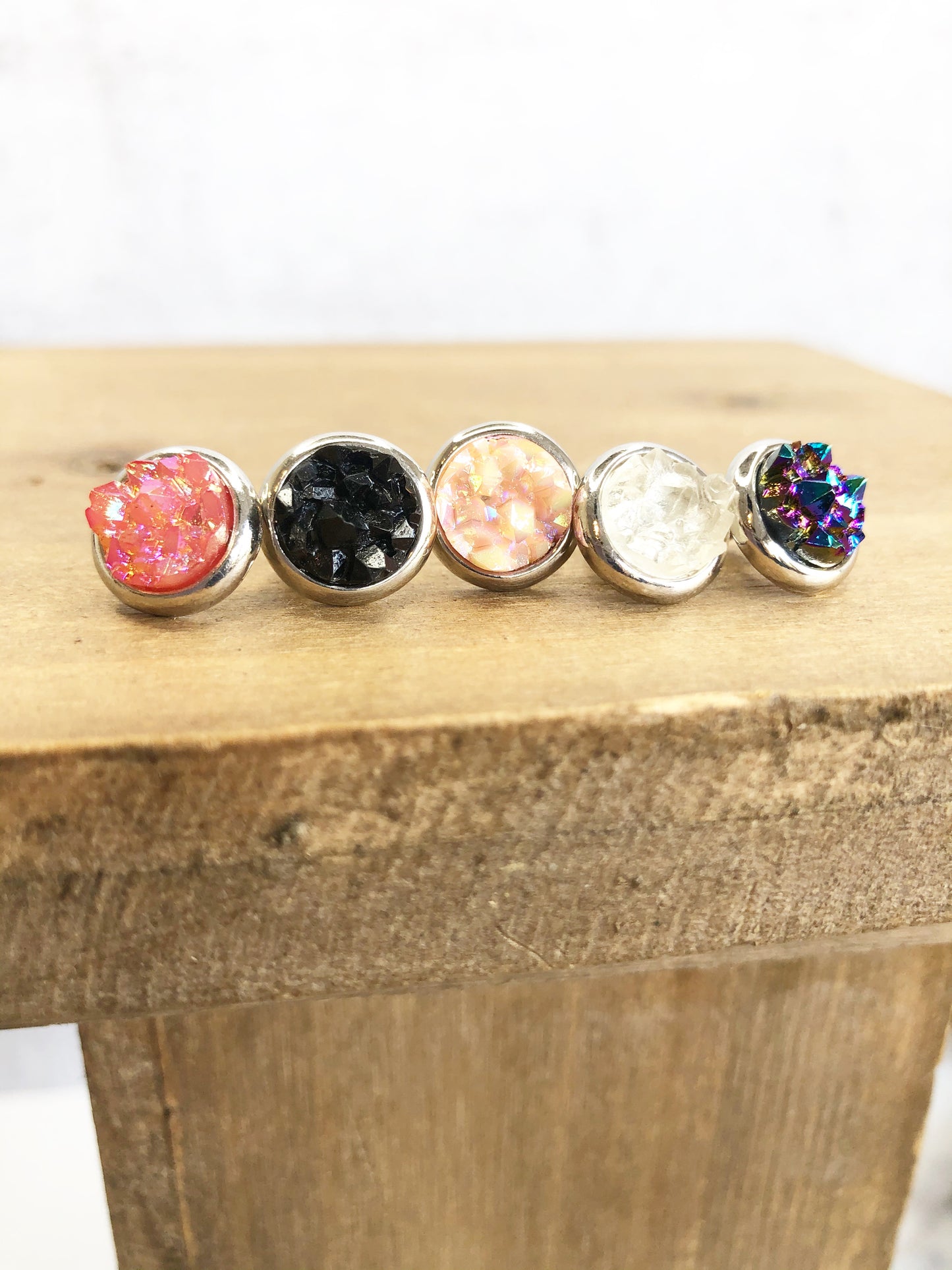 Raw Cut Shimmer Druzy Stud Earrings in Silver Settings