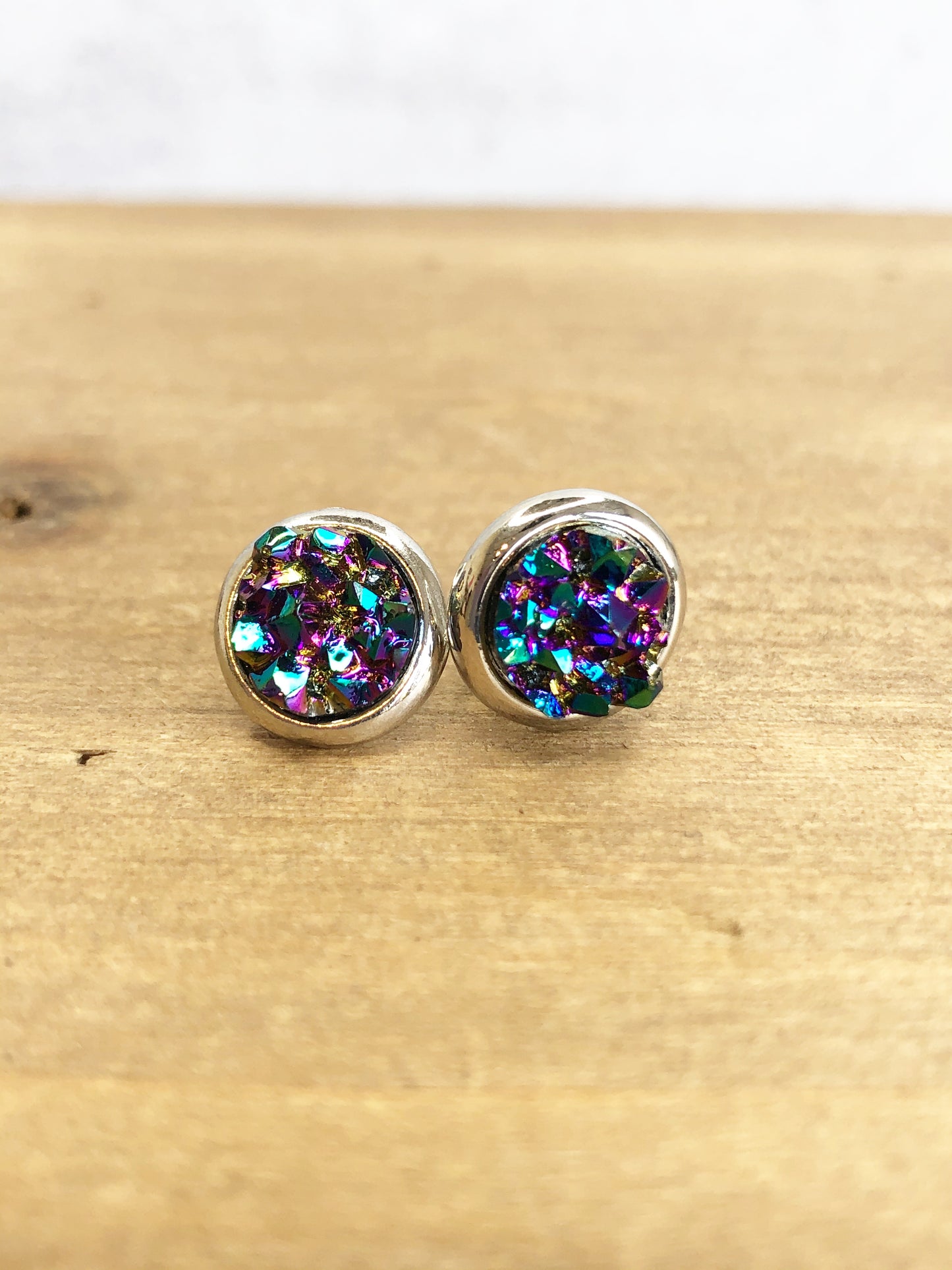 Raw Cut Shimmer Druzy Stud Earrings in Silver Settings