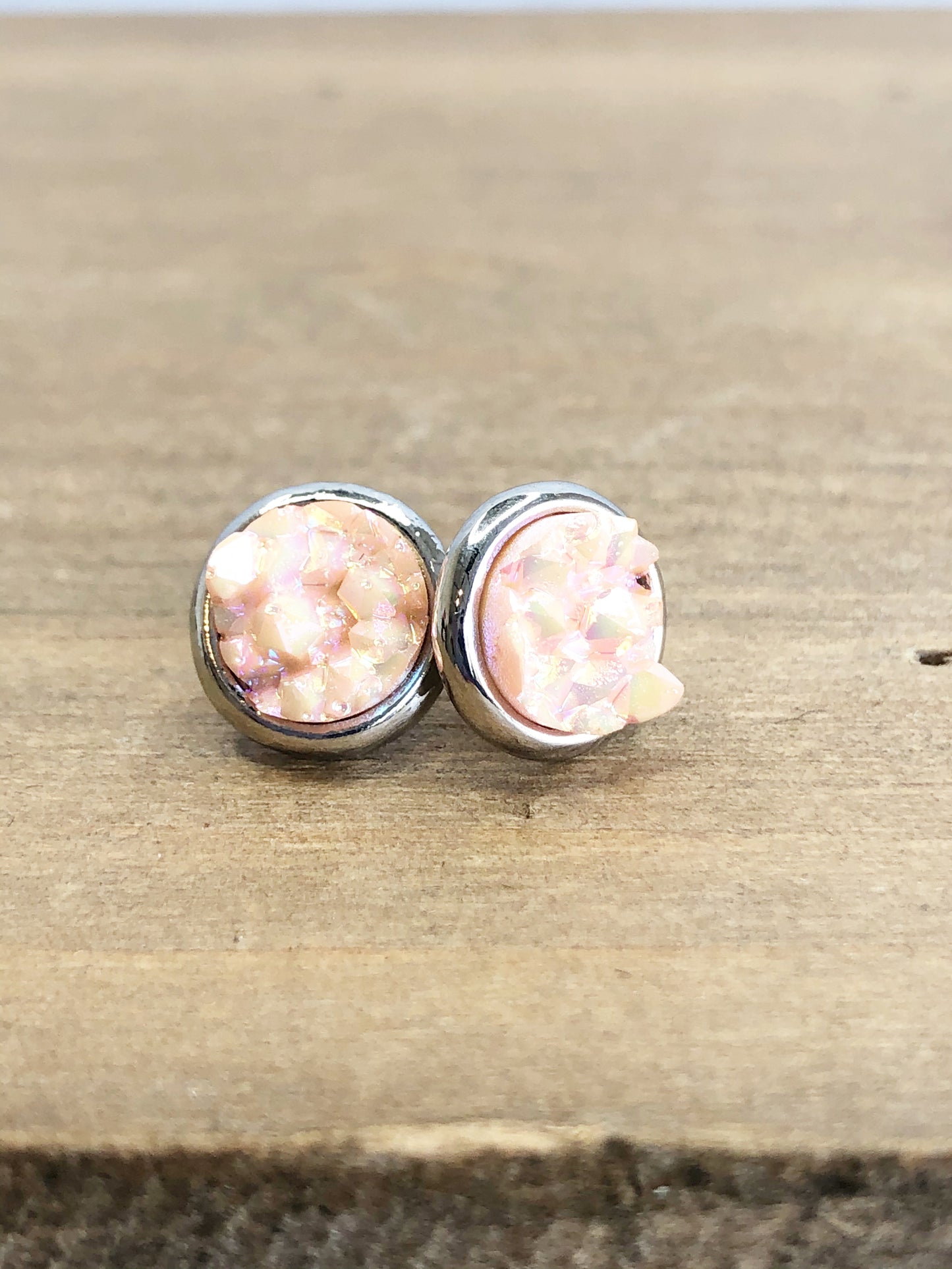 Raw Cut Shimmer Druzy Stud Earrings in Silver Settings