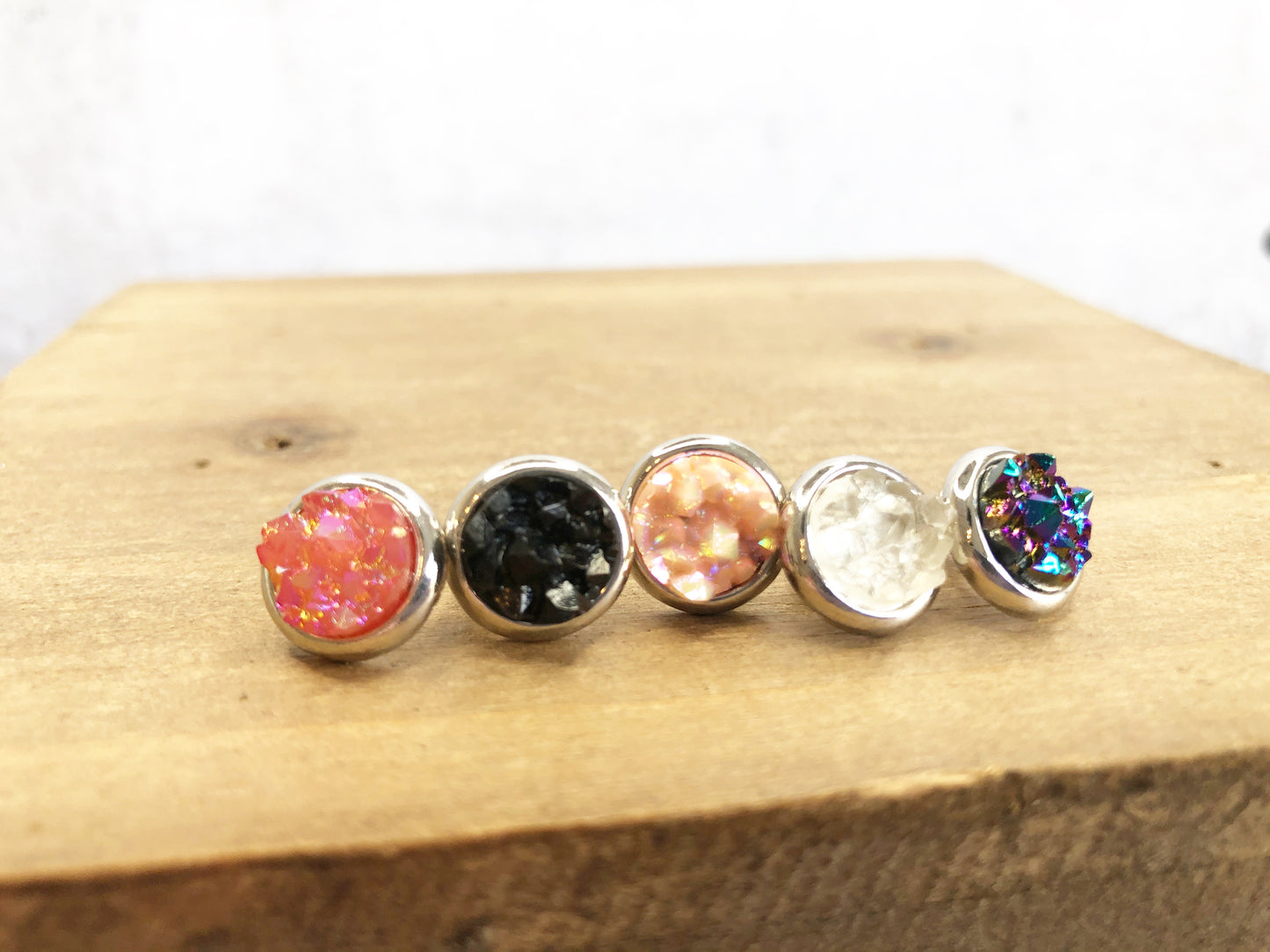 Raw Cut Shimmer Druzy Stud Earrings in Silver Settings