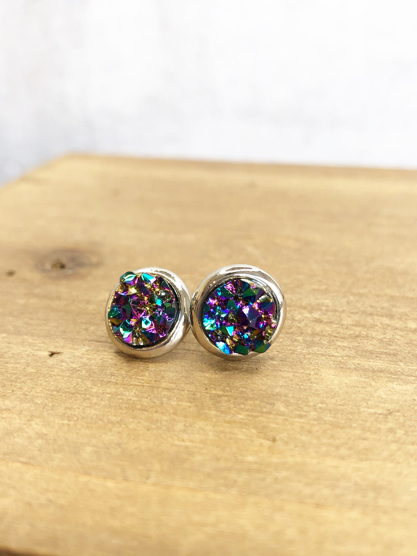 Raw Cut Shimmer Druzy Stud Earrings in Silver Settings