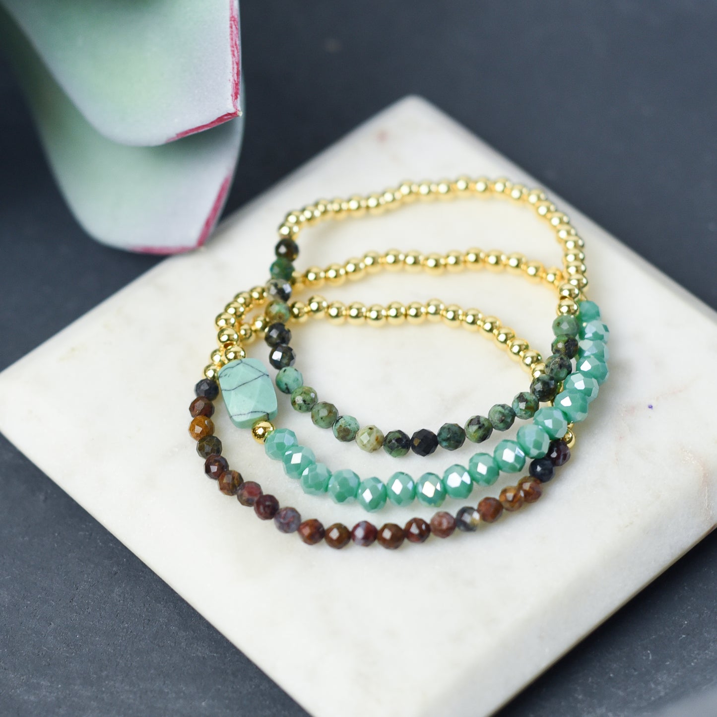 Natural Stone and Bead Stretch Bracelet