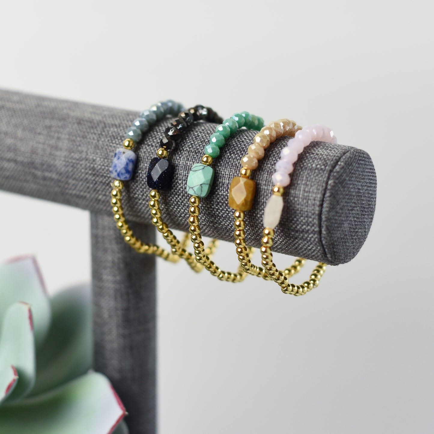 Natural Stone and Bead Stretch Bracelet