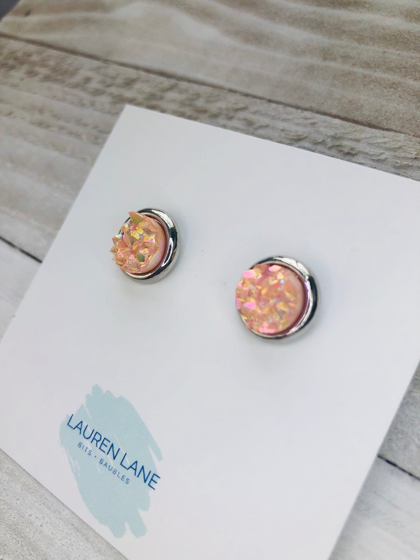 Raw Cut Shimmer Druzy Stud Earrings in Silver Settings
