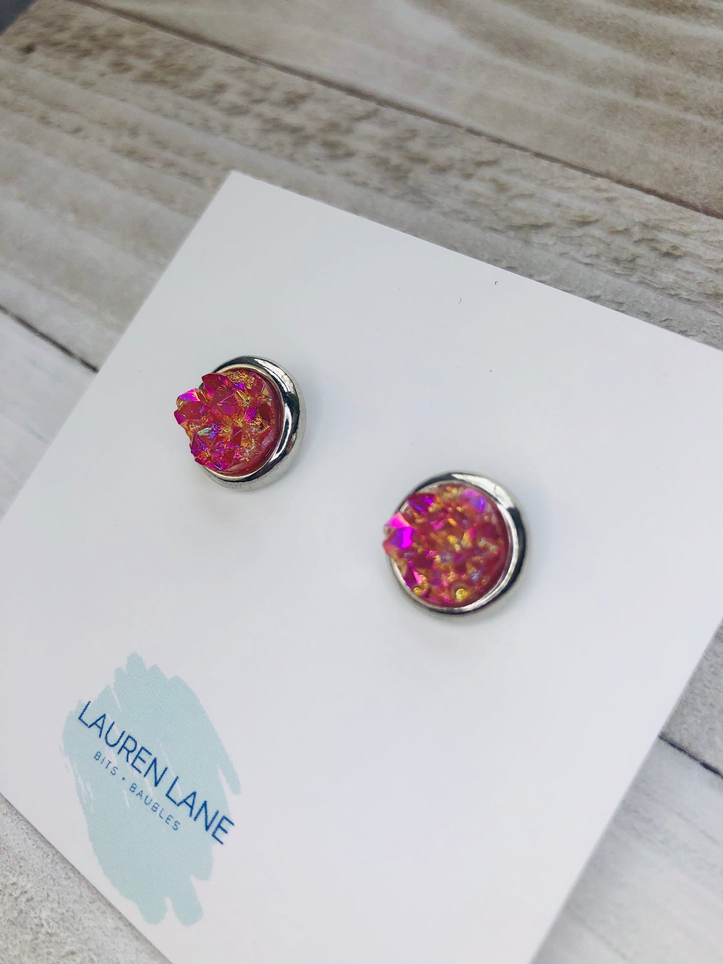 Raw Cut Shimmer Druzy Stud Earrings in Silver Settings