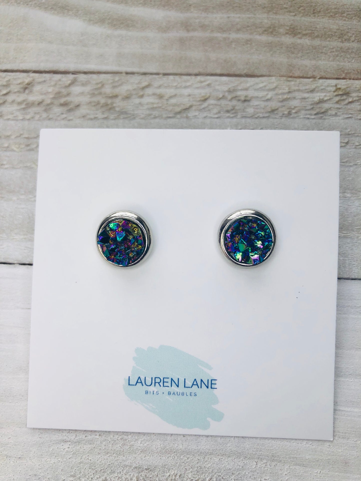 Raw Cut Shimmer Druzy Stud Earrings in Silver Settings