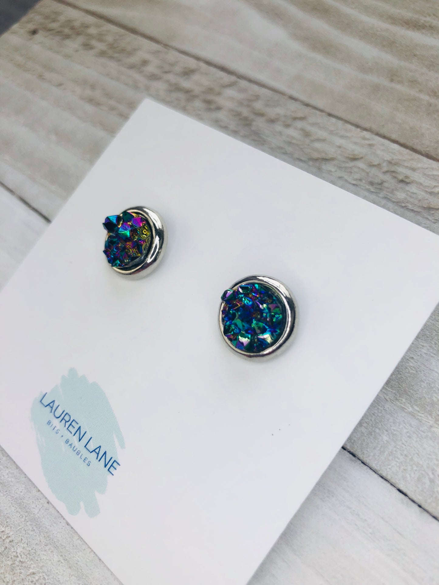 Raw Cut Shimmer Druzy Stud Earrings in Silver Settings