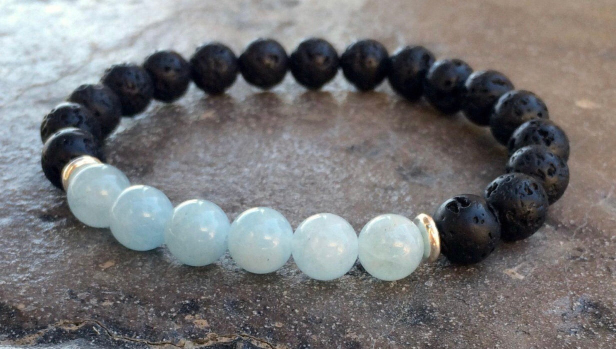 Aquamarine & lava stone stretch bracelet