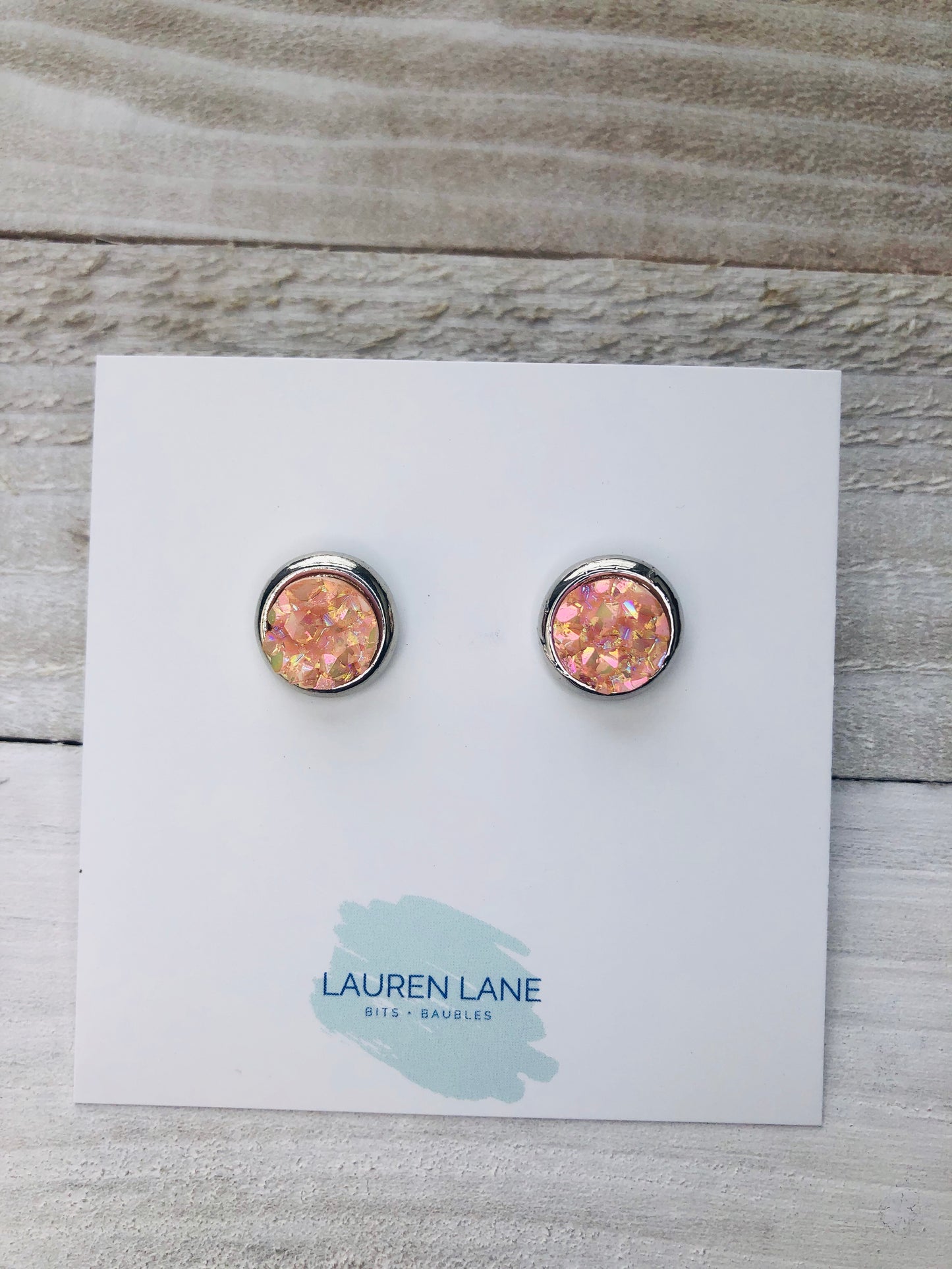 Raw Cut Shimmer Druzy Stud Earrings in Silver Settings