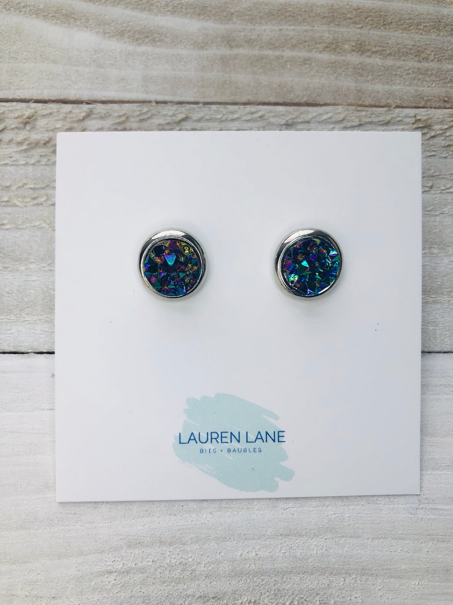 Raw Cut Shimmer Druzy Stud Earrings in Silver Settings